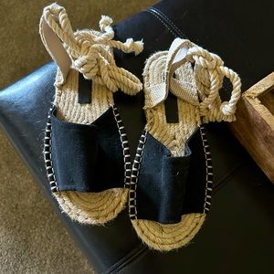 Black and tan wide width lace up sandals